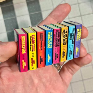 Op de afbeelding: Een verzameling miniatuurboeken met kleurrijke ruggen. Titels zijn onder meer "Dungeon Crawler Carl" en "A Parade of Horribles". Elk boek heeft een unieke kleur en titel, met de naam van de auteur onderaan.