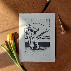 Original linocut print &quot;Tired&quot;