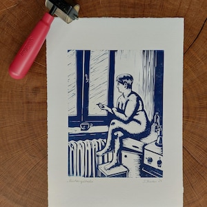 Original linocut print &quot;Kitchen brooding&quot;