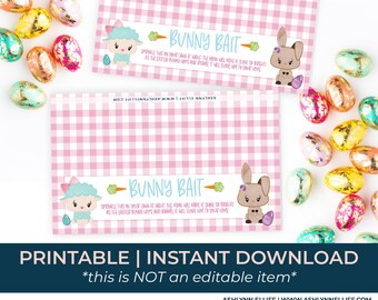 May include: Printable Easter bunny bait sign with a pink and white gingham background. The sign features a cartoon bunny and lamb with the text "Bunny Bait" and instructions to sprinkle the bait on the lawn at night so the Easter bunny will find it.