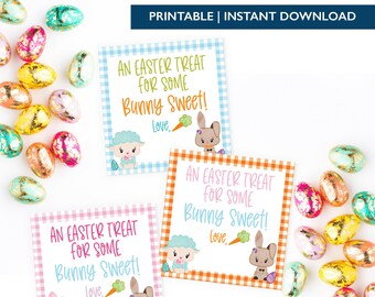 May include: Three printable Easter gift tags with a gingham background. Each tag features a bunny and a lamb with the text "An Easter Treat for Some Bunny Sweet! Love."