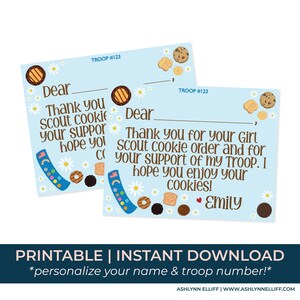 Pu&ograve; includere: Biglietto di ringraziamento stampabile per i biscotti delle Girl Scout con sfondo blu e una variet&agrave; di immagini di biscotti delle Girl Scout. Il testo sulla carta dice "Grazie per il tuo ordine di biscotti delle Girl Scout e per il tuo supporto al mio gruppo. Spero che tu ti goda i tuoi biscotti!" e "Emily".