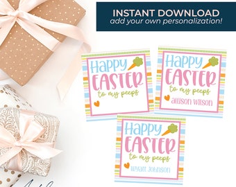 Può includere: Tre etichette regalo di Pasqua stampabili con un bordo a righe rosa e blu. Le etichette presentano una carota di cartone animato e il testo "Buona Pasqua ai miei piselli". Le etichette sono personalizzate con i nomi "Allison Wilson", "Wyatt Johnson" e un'etichetta vuota.