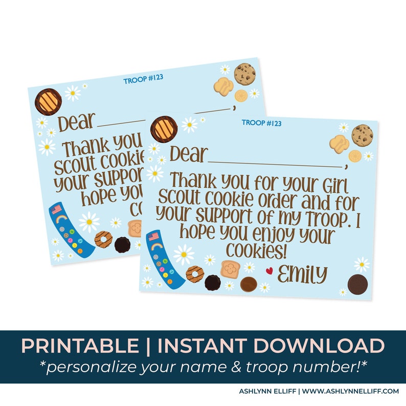 Pu&ograve; includere: Biglietto di ringraziamento stampabile per i biscotti delle Girl Scout con sfondo blu e una variet&agrave; di immagini di biscotti delle Girl Scout. Il testo sulla carta dice "Grazie per il tuo ordine di biscotti delle Girl Scout e per il tuo supporto al mio gruppo. Spero che tu ti goda i tuoi biscotti!" e "Emily".