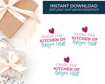 May include: Three printable gift tags with a pink heart and the text "From the Kitchen of Ashlynn Elliff" in pink, teal, and white text.