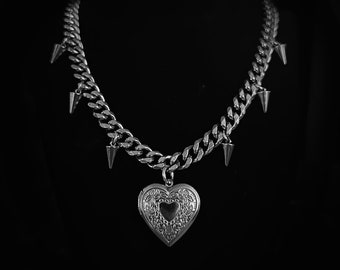 gothic heart locket necklace with spikes - stainless steel curb chain - gothic punk statement jewelry