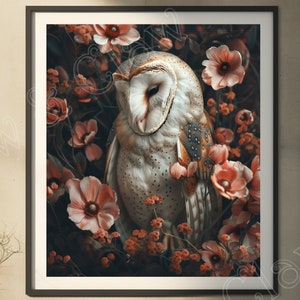 Barn Owl with pink flowers Vintage bird Art print instant Download victorian wall decor animal print dark academia bird owl print art gift
