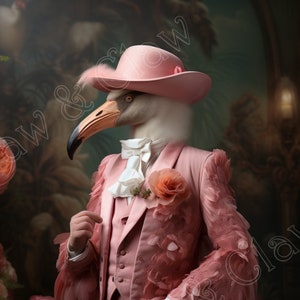 Ausgefallene Flamingo Vintage Kunstdruck Digitaler Download retro Wand-Dekor Tier Druck Steampunk Haustier Porträt druckbare Vogel Kunst Blumendruck Geschenk