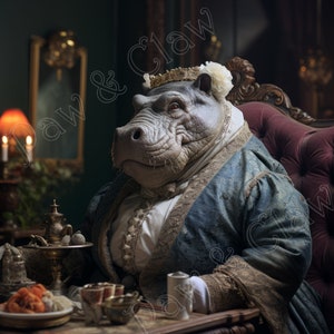 Miss Hippopotamus Digital Download Antique Vintage victorian clothes retro wall decor steampunk hippo pet portrait Printable Art animal gift