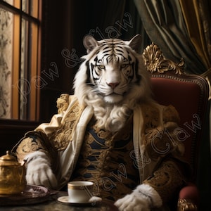 Cool White Tiger in Victorian clothes vintage Tiger Art Digital Download retro wall decor steampunk pet tiger portrait Printable Art gift