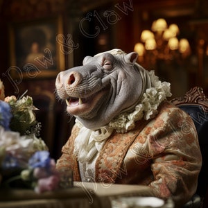 Happy Hippo Aristocratic Victorian style printable art Digital Download Vintage print Home wall decor Hippo pet portrait print animal gifts