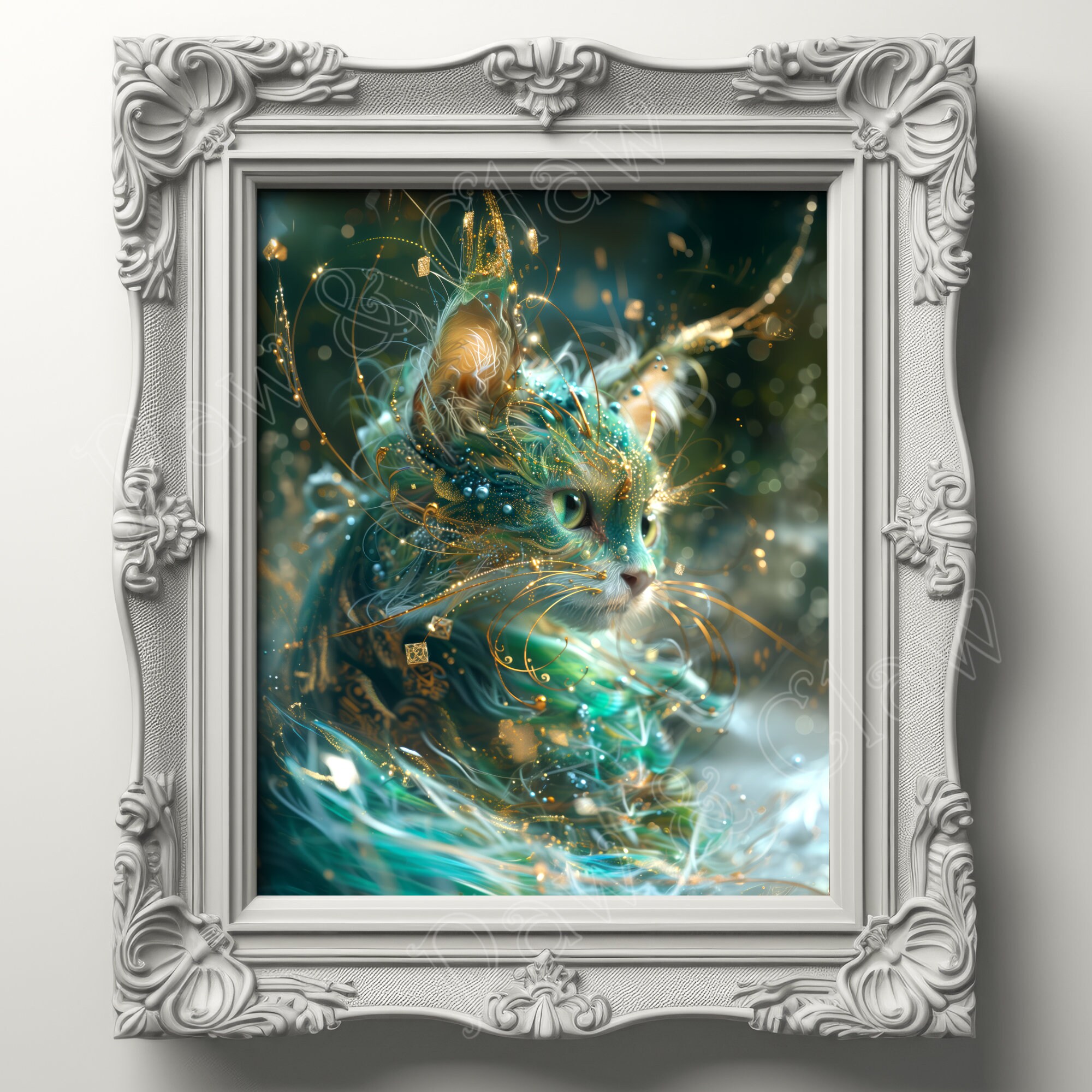 Cosmic Cat in Green and Gold Digital Download Cat Art Wall Decor Animal ...