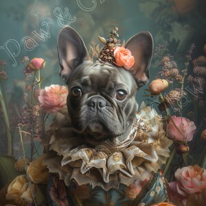 Französische Bulldogge, verziert mit Blumen Digitaler Download viktorianischer Hund Porträt Wand Dekor Kunst Hund Hund französischer Hund Kunst Geschenk
