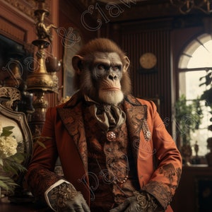 The Gentleman Ape. Digital Downloadable retro wall decor. Antique Vintage victorian style clothing, Printable pet portrait Art.