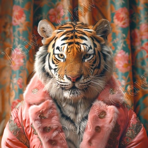 May include: A tiger wearing a pink fur-lined jacket with gold embroidery. The tiger is looking directly at the camera.