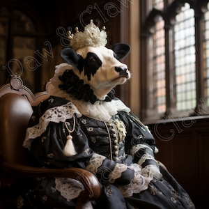 Madam Cow, Victorian style costume. Vintage Art, Digital Download, retro wall decor, steampunk pet portrait, Printable Art.