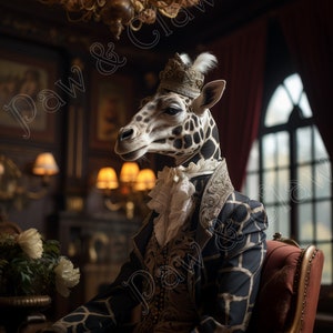 Giraffe in vintage style clothing. Digital Download, retro wall decor. Victorian Tudor Regency clothing, Steampunk pet printable art