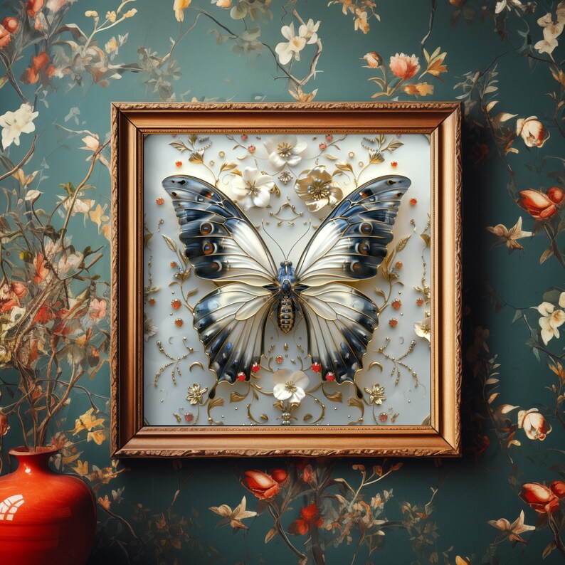 Picture of Butterfly With Ornate Jeweled Flowers Digital Download Gemstone Inlaid ...
