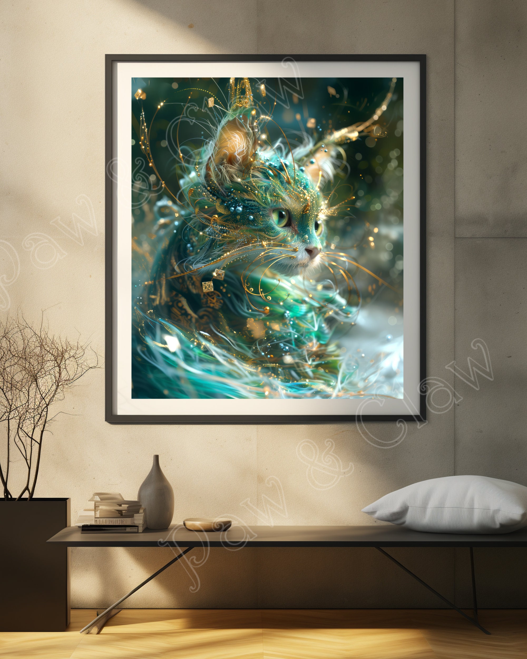 Cosmic Cat in Green and Gold Digital Download Cat Art Wall Decor Animal ...