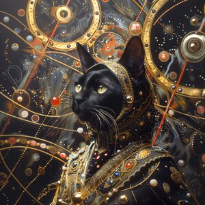 May include: A black cat wearing a gold and black jeweled costume, set against a background of swirling gold and black circles.