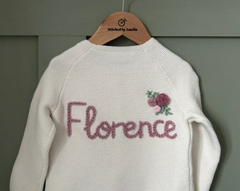 Personalised CREAM cardigan name embroidered newborn gift knit toddler girl boy unisex pregnancy announcement baby shower general reveal