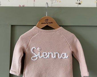 Personalised PINK cardigan name embroidered newborn gift knit toddler girl boy unisex pregnancy announcement baby shower general reveal