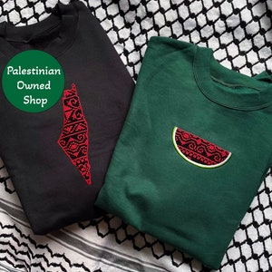 Embroidered Palestine Sweater Tatreez Watermelon for Palestine Map Shirt Hand Made Palestinian Owned Made from Tatreez fabric from Jordan