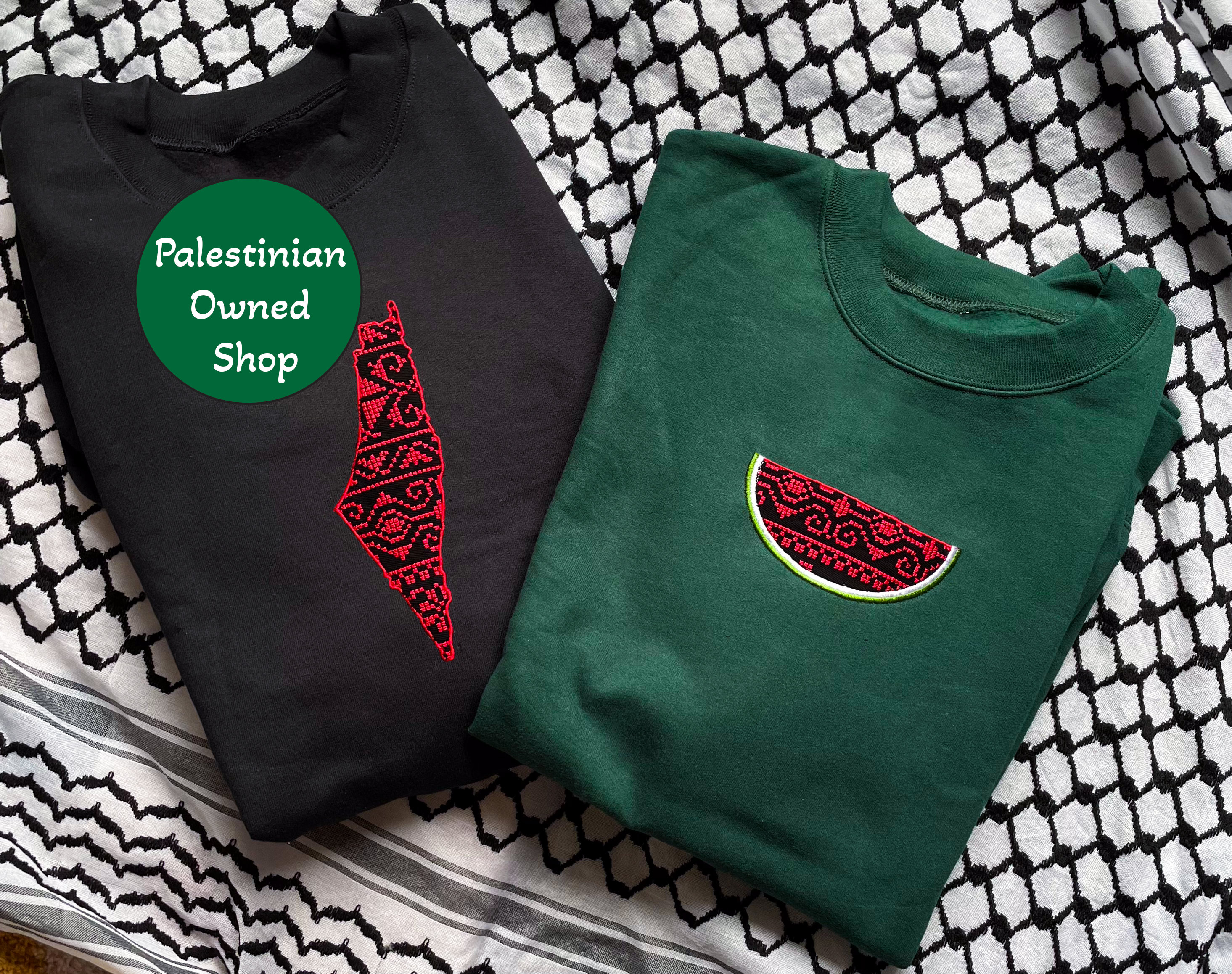 Embroidered Palestine Sweater Tatreez Watermelon for Palestine Map Shirt Hand Made Palestinian Owned Made from Tatreez fabric from Jordan
