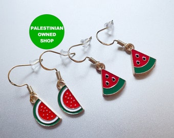 Palestine Watermelon Earrings with 14k Gold plated Hooks Palestine Watermelon Jewelry Watermelon Drop Earrings Support Free Palestine