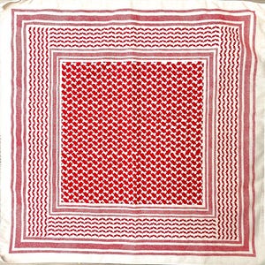 May include: A square, off-white scarf with a red and white pattern. The scarf features a central field of red and white geometric shapes, framed by a red border and a white edge with red stripes. The design is symmetrical.