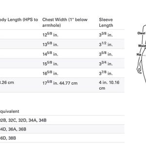 May include: Size chart for clothing with measurements in inches and centimeters. The chart shows front body length, chest width, sleeve length, and size equivalent. The chart also includes a diagram of a woman's body with measurements labeled.