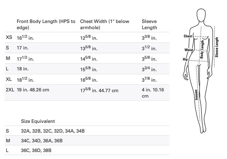 May include: Size chart for clothing with measurements in inches and centimeters. The chart shows front body length, chest width, sleeve length, and size equivalent. The chart also includes a diagram of a woman's body with measurements labeled.
