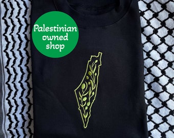 Embroidered Palestinian-Owned Sweater Olive Branch detail Palestine Map Design Crewneck Sweater on Heavyweight Cotton Free Palestine Shirt