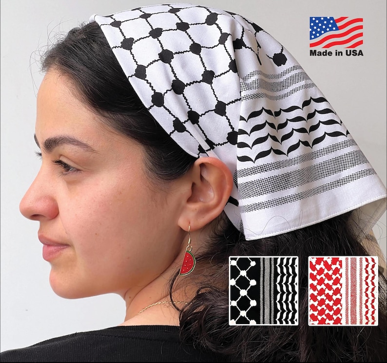 Kuffiyah Bandana 22 inch Cotton Palestinian Bandana Palestine Kuffiyeh Bandana Free Palestine head scarf Screen Printed in Los Angeles black