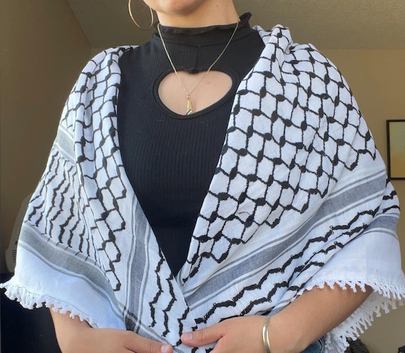 Classic Black and white Palestinian Kuffiyeh scarf with tassels made in Jordan Nice quality kuffiyeh Palestinian owned shop