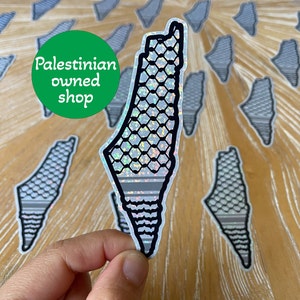 Palestina Mapa Glitter Pegatina con Kuffiyeh Diseño Pegatina Kuffiyeh patrón Palestina Partidario Regalo Gaza Donación Hecho a mano para botella de agua