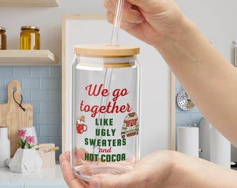 Ugly Sweaters & Cocoa Glass Can, 16oz Libbey Glass Cup, Winter Holiday