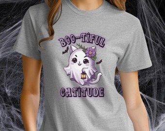 Boo-tiful Catitude Halloween Tee: Ghost Cat Spooky Vibes