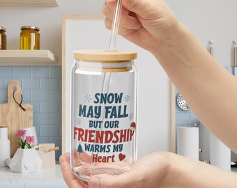 Holiday Friendship Glass Cup, Snowman Winter Design, Bamboo Lid