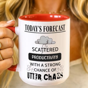 Strong Chance of Utter Chaos Mug, humorous workday forecast cup, dishwasher safe, color accent, friend coworker gift