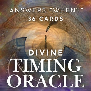 Pode incluir: Imagem promocional para o baralho de cartas "Divine Timing Oracle". A imagem apresenta um fundo cósmico surrealista com o texto "ANSWERS 'WHEN?'" e "36 CARTAS". O título do baralho é exibido em destaque.