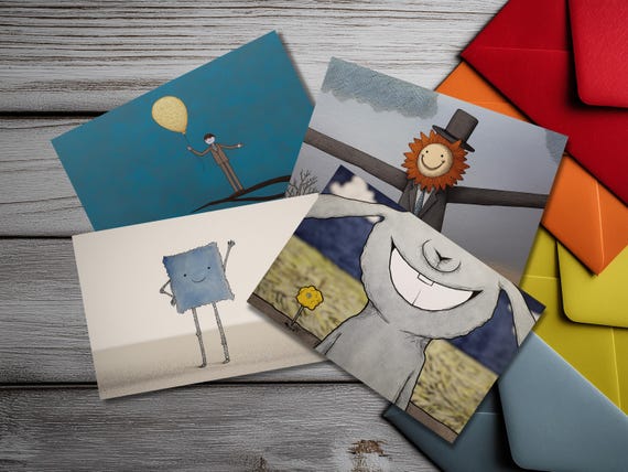 Whimsical Illustrated Notecard Set – Quirky Storybook Art Cards with Colored Envelopes