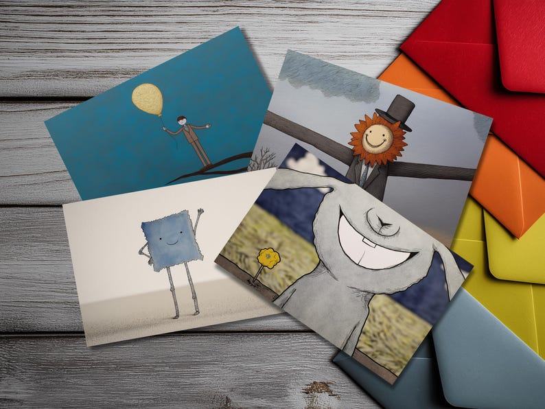 Whimsical Illustrated Notecard Set – Quirky Storybook Art Cards with Colored Envelopes bild 1