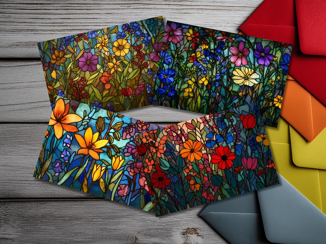 Stained Glass Floral Notecard Set – Botanical Art With Colored ...
