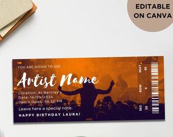 May include: Editable concert ticket template with an orange background and a silhouette of a person singing on stage. The text "Artist Name" is in white and the text "You are going to see" is in black. The text "Location: At Barclay's" is in black. The text "Date: 16/05/2024" is in black. The text "Doors Open: 06.30 PM" is in black. The text "Leave here a special note." is in black. The text "HAPPY BIRTHDAY LAURA!" is in black. The text "SEC 20 ROW X SEAT 85" is in black.