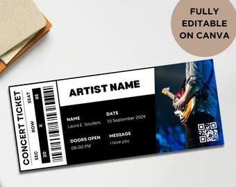 May include: A black and white concert ticket template with the text "CONCERT TICKET" and "ARTIST NAME". The template includes fields for name, date, doors open, and message. The ticket is fully editable on Canva.