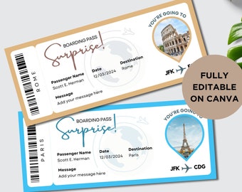 Peut inclure: Deux modèles de cartes d'embarquement avec le mot "Surprise!" en écriture manuscrite. L'un est beige avec une destination Rome et l'autre est bleu avec une destination Paris. Les deux incluent le nom du passager, la date et une section de message. Le pass Rome présente le Colisée, et le pass Paris présente la Tour Eiffel.