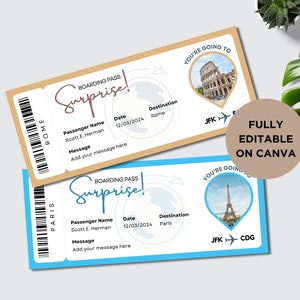 Boarding Pass Ticket Template, Editable Plane Ticket, Printable Airline Ticket, Flight Boarding Pass, Ticket Surprise Gift