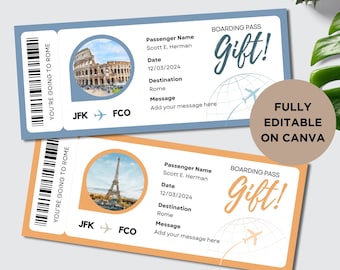 Peut inclure: Deux certificats de carte d'embarquement imprimables avec un fond bleu et orange. Le certificat du haut présente une photo du Colisée à Rome et le certificat du bas présente une photo de la tour Eiffel à Paris. Les deux certificats portent le texte "Boarding Pass Gift!" et "You're going to Rome" imprimé sur eux.