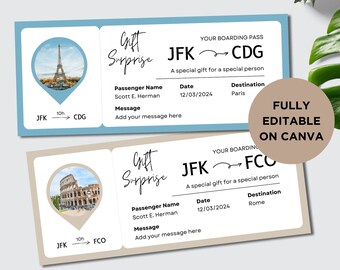 Peut inclure: Deux cartes d'embarquement de surprise cadeau imprimables avec un fond bleu et beige. La carte du haut présente une image de la tour Eiffel à Paris, en France. La carte du bas présente une image du Colisée à Rome, en Italie. Les deux cartes comportent le texte "Gift Surprise" et "JFK" et "CDG" ou "FCO" avec une flèche entre eux. Le texte "Un cadeau spécial pour une personne spéciale" est également inclus. Le texte "Nom du passager", "Date", "Destination" et "Message" est inclus avec du texte d'espace réservé. Le texte "Ajouter votre message ici" est également inclus.